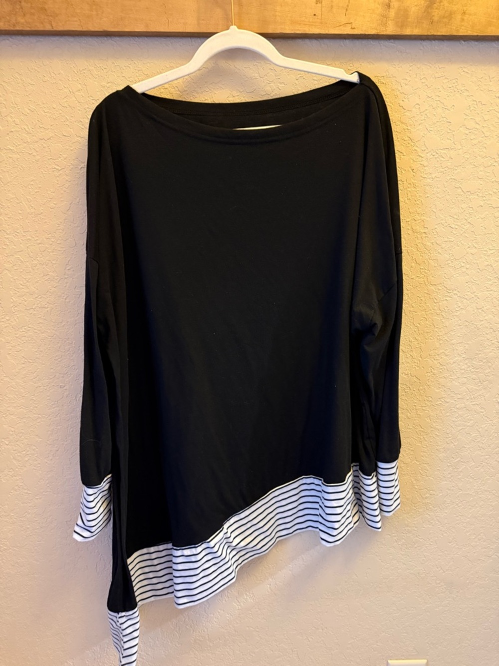Women's Black Long-Sleeve Asymmetric Top with Striped Hem